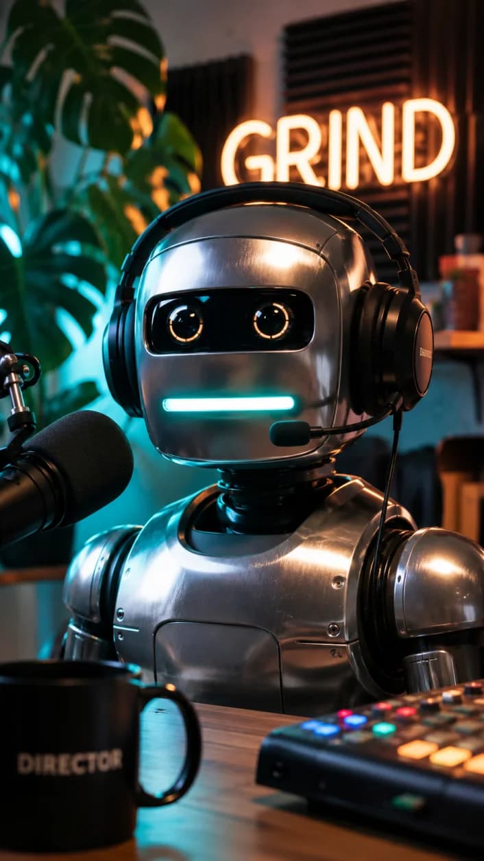 GuruBot, a chrome robot wearing headphones, in the GRIND studio
