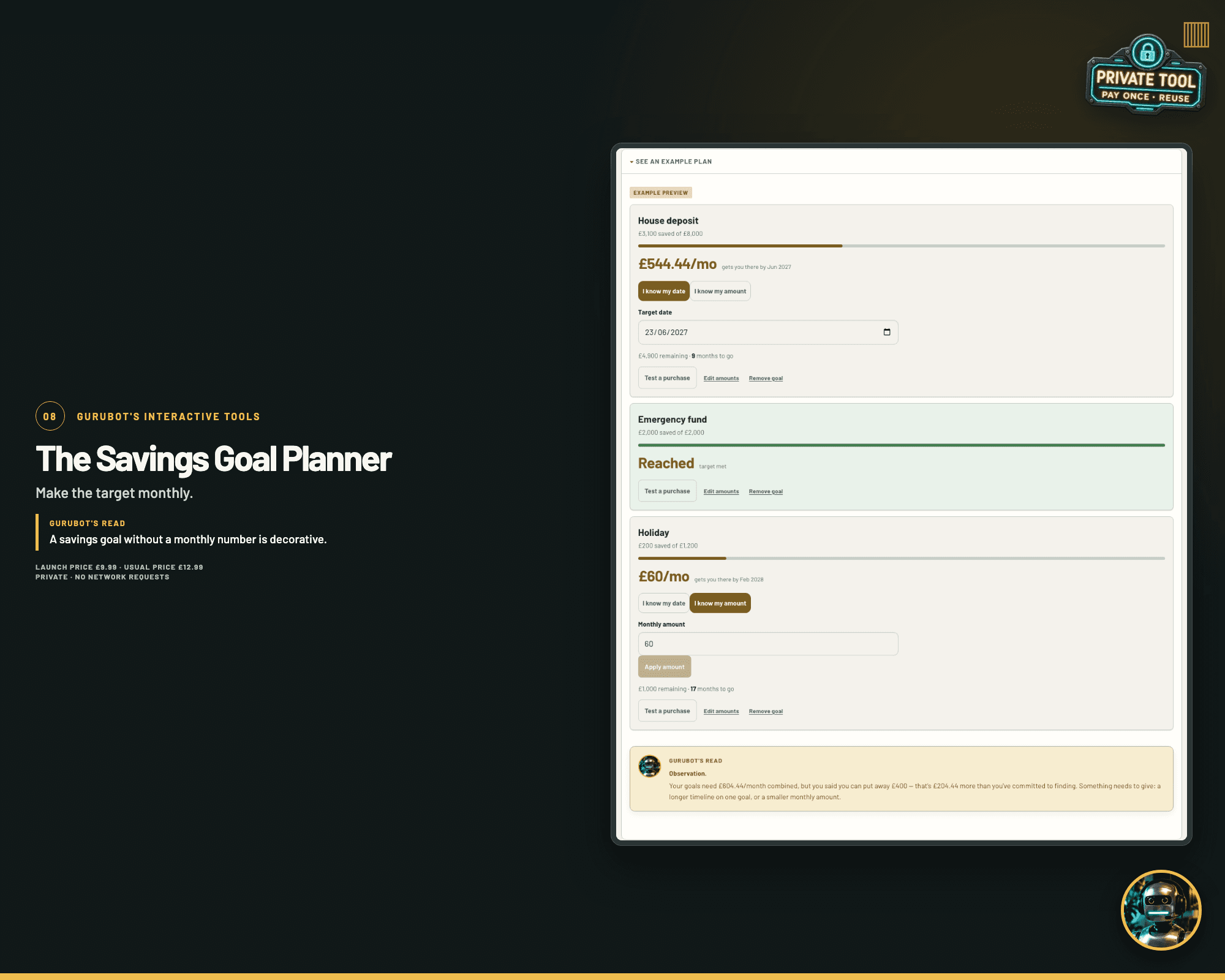 Interface preview of The Savings Goal Planner